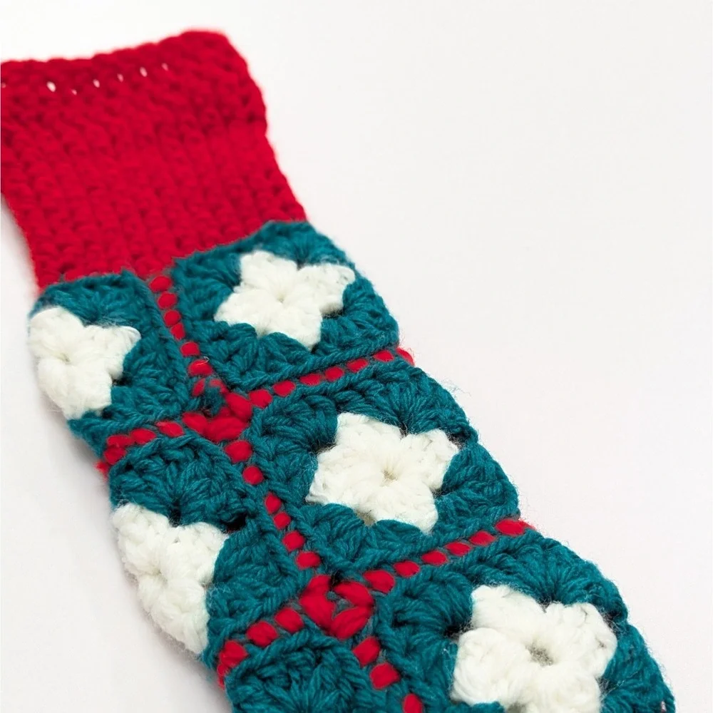 Vintage Granny Square Christmas Stocking Handmade Crochet Red Green White Yarn